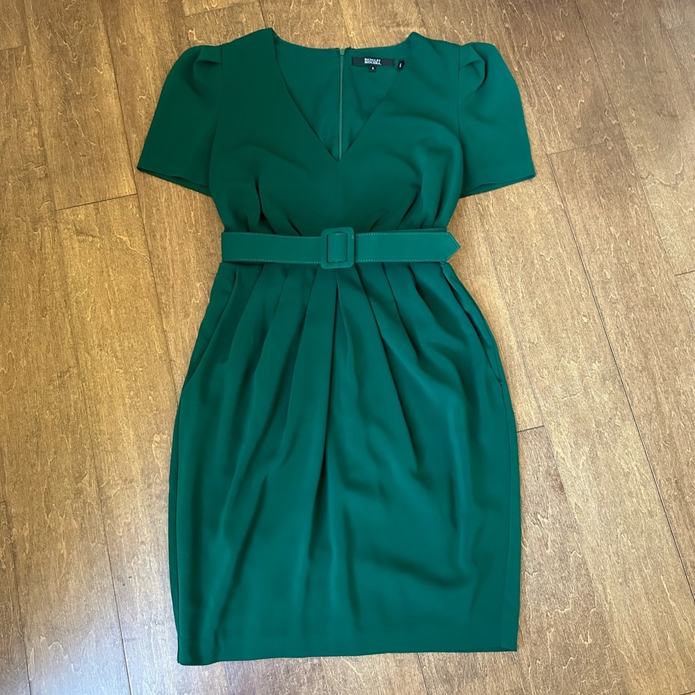 EUC Badgley Mischka Hunter Green Dress with belt, Size 8